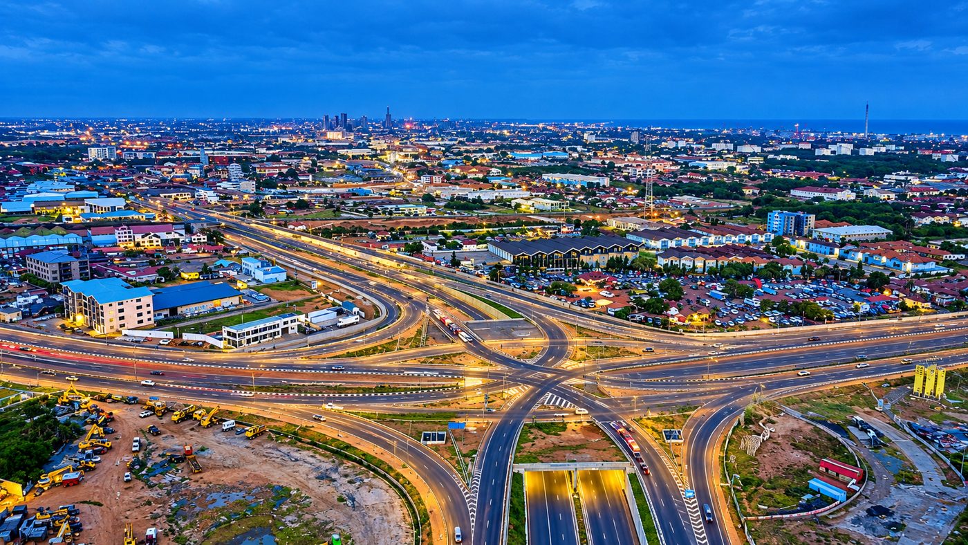 Aerial view of a highway interchange in Accra at dusk